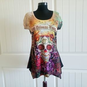 New Orleans Voodoo Bling SugarSkull Roses Top Tee